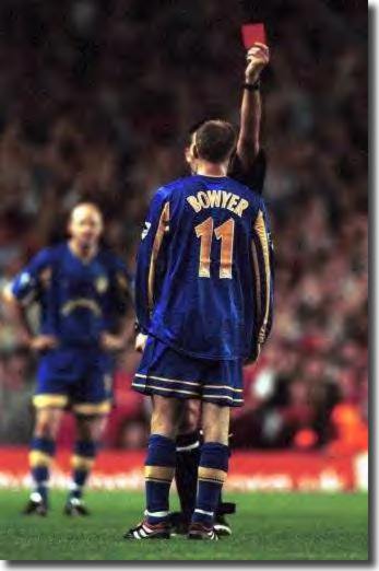 Referee Jeff Winter gives Lee Bowyer his marching orders in an ill-temepered clash with Arsenal 21 August 2001