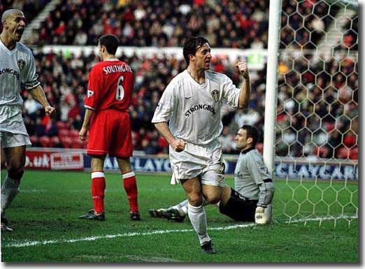 Robbie Fowler celebrates scoring Leeds' second at Middlesbrough - nevertheless, Leeds had to be content with a 2-2 draw