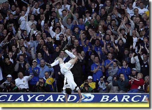 Robbie Keane in typical pose after scoring against Sunderland in April 2002