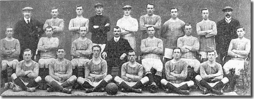 The 1909/10 squad Back row: Chapman (trainer), Affleck, Hogg, Bromage, Naisby, Morris, Dougal, McGowan, Thrupp (assistant trainer). Middle row: Beren, McAllister, White, Frank Scott-Walford (manager), Watson, Gemmell, Croot.  Front row: Hamilton, Burnett, Halligan, Roberts, Mulholland, Bridgett