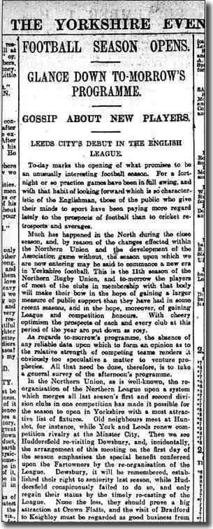 This newspaper clipping from the Yorkshire Evening Post on the day of Leeds City's League debut was not too forthcoming about the event