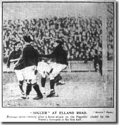 26 January 1907 - "Bromage saves cleverly after a fierce attack on the Peacocks’ citadel by the Forest’s forwards in the first half" - Photo from the Leeds Mercury of City's defeat at home to Nottingham Forest - Dick Ray is also in the picture
