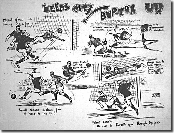 Cartoon from the 11 Feb 1907 edition of the Yorkshire Evening Post featuring Leeds City's 3-1 win against Burton United on the previous Saturday, with Billy McLeod scoring twice and Fred Parnell the other