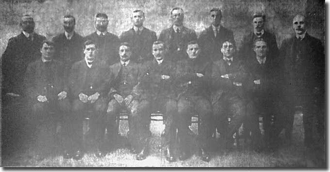 The Leeds City party in civvies during their Cup preparations in Buxton - Standing: A W Pullin, Gilbert Gillies, Jefferson, Naisby, Gemmell, Kay, Parnell, J Broad (trainer) - Front: Watson, Croot,Cubberley, Hynds, McLeod, Thomas, Kennedy