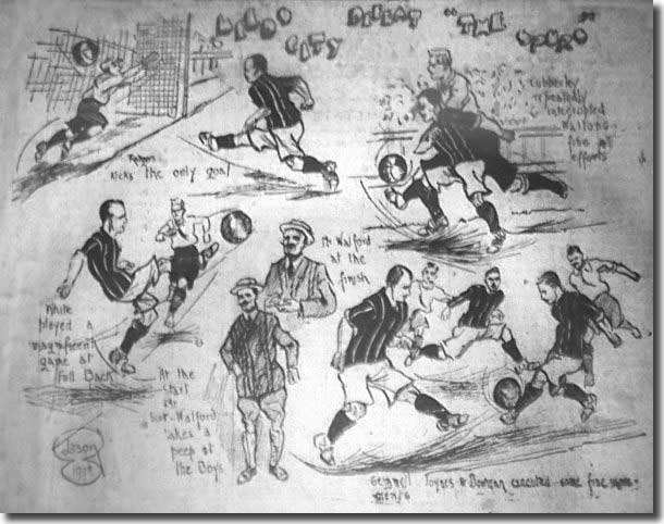 Frank Scott-Walford is pictured bottom centre of this Yorkshire Evening Post cartoon depicting Leeds City's defeat of Tottenham on 5 September 1908