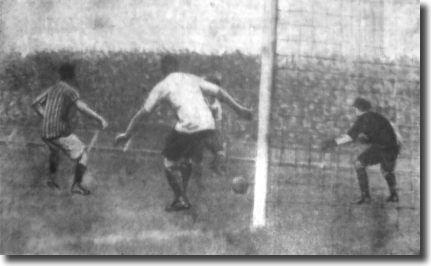 Fred Croot scores City's first goal in the 2-1 defeat of Derby at Elland Road on 11 September