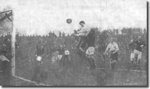 Owen heads England's first goal in the amateur international against Ireland played at Elland Road in November 1909