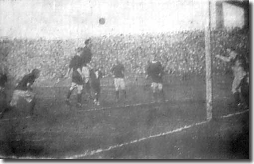 Billy Gillespie tries a header against Blackpool during the opening day clash at Elland Road on 3 September 1910