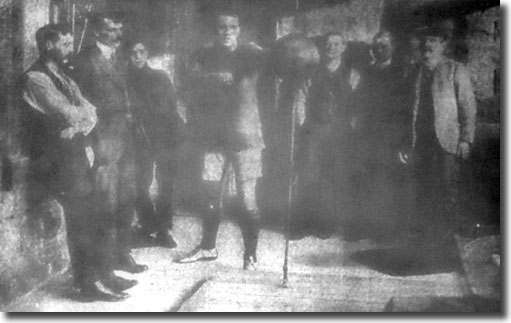 The City party during their Cup training in January 1911 - Morris tries out the punchbag watched by Cubberley, Scott-Walford, Roberts, Harkins, McLeod and trainer Chapman