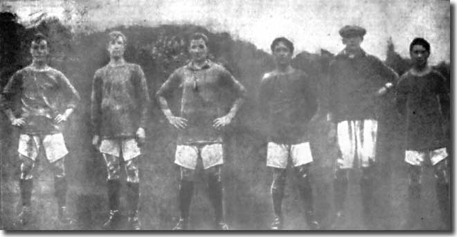 The City party during their Cup training in January 1911 - Creighton, Bridgett, Affleck, Mulholland, Bromage, Enright