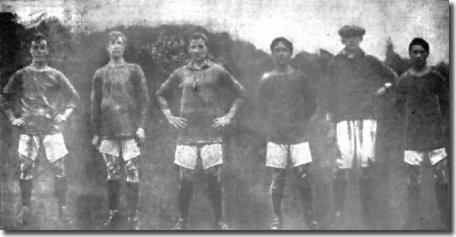 The City party during their Cup training in January 1911 - Creighton, Bridgett, Affleck, Mulholland, Bromage, Enright