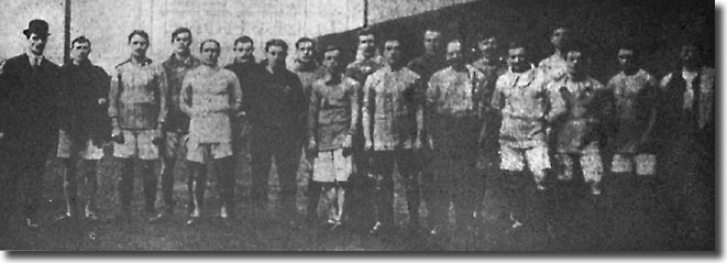 Frank Scott-Walford and his players pose during preparations for the FA Cup-tie against Glossop in January 1912