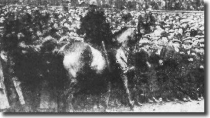 Mounted police struggle to keep the crowd off the Elland Road pitch in the FA Cup replay between Barnsley and Bradford City in March 1912