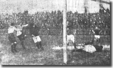 Joe Moran puts the ball through his own net to decide this Elland Road clash with Derby in March 1912