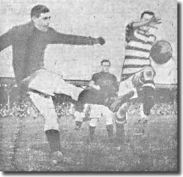 Billy Scott clears his lines during City's 1-0 win at Bradford on 21 September 1912