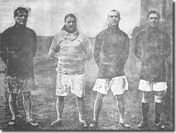 George Law, Stan Cubberley, Jimmy Speirs and Billy Scott pose during City's preparations for the Cup clash with Burnley in January 1913