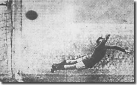 Tony Hogg is beaten by a shot from Arsenal's Hardinge during the game at Highbury on 6 December, but the referee disallowed the goal