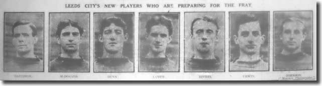 John Dunn is third from the left in the gallery of City's new men for the 1913/14 season - also pictured are  David Davidson, J McDonald, Tommy Lamph, Manus Divers, Albert Urwin and James Johnson