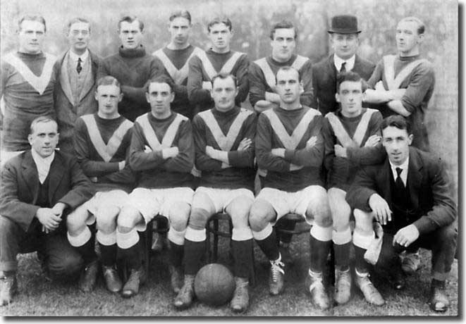The Leeds City team pictured before they lost 6-3 at Birmingham on 24 October 1914 - Back: George Law, J C Whiteman (director), Tony Hogg, Fred Blackman, John Hampson, Mick Foley, Herbert Chapman (manager), Jack McQuillan - Front: Dick Murrell (trainer), Ivan Sharpe, John Jackson, Billy McLeod, Jimmy Speirs, Ernie Goodwin, Val Lawrence