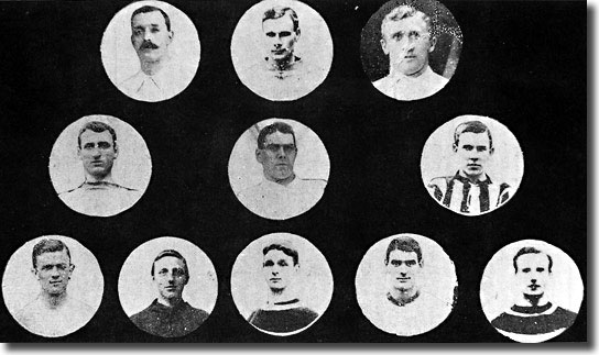 The England team that lost 3-1 to Scotland on 4 April 1914 - Bob Crompton, Sam Hardy, Jesse Pennington; Albert Sturgess, Joe McCall, Bob McNeal; Fanny Walden, Harold Fleming, Harry Hampton, Joe Smith, Edwin Mosscrop