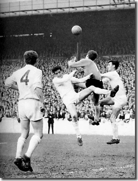 Norman Hunter and Alan Peacock pressurise West Ham keeper Jim Standen with Billy Bremner waiting for scraps - Leeds won this match on April 3, but Bremner was soon to be missing through suspension