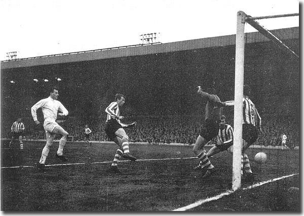 Jim Storrie scores against Sheffield Wednesday in a 2-0 win on April 20 that avenged a defeat by the same opponents the previous day at Hillsborough