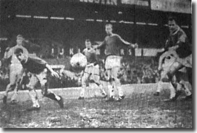 The Birmingham defence have the upper hand on Jack Charlton as he supports the Leeds attack