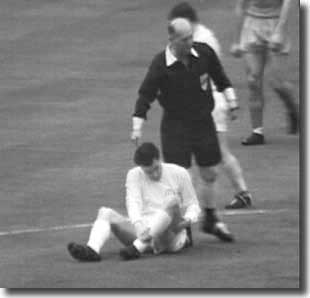 Storrie goes down with an injury during the 1965 FA Cup final - he was never the same player for Leeds thereafter