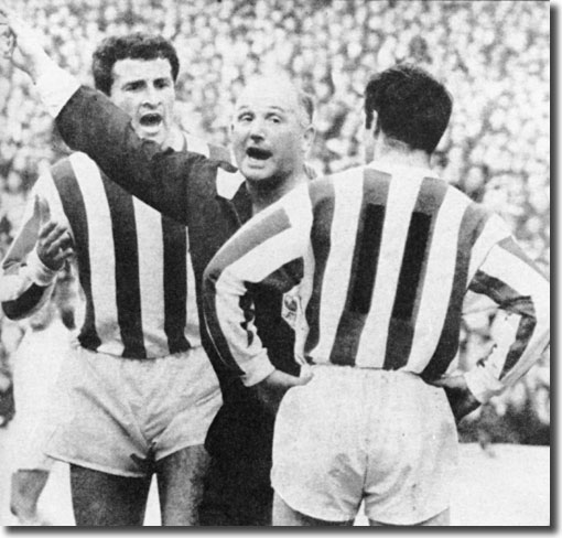 Sunderland centre-half Charlie Hurley is furious as referee Bill Clements sends winger George Mulhall off in the opening day fixture at Elland Road