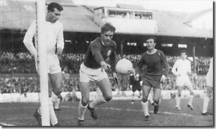 Gary Sprake chases down a loose ball in the area at Stamford Bridge with Paul Reaney in close attendance. Barry Bridges is the Chelsea forward - United lost the game 1-0