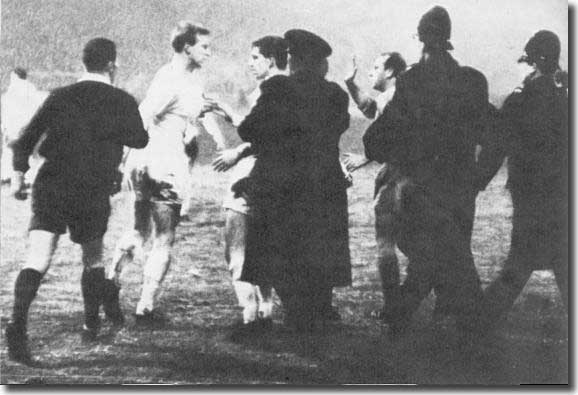 2 February 1966 - Jack Charlton shows his rage during an ill-tempered battle against Valencia