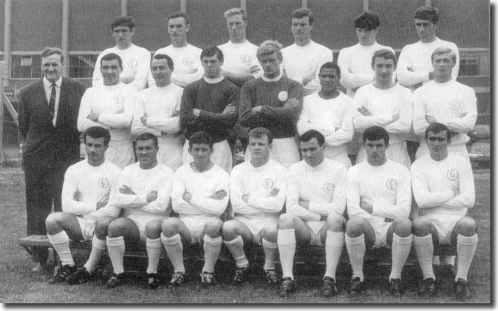 The 1966/67 squad - Back: Hunter, Peacock, Charlton, Madeley, Gray, Belfitt - Middle: Don Revie (manager), Bell, O'Grady, Harvey, Sprake, Johanneson, Johnson, Greenhoff - Front: Reaney, Collins, Giles, Bremner, Storrie, Lorimer, Cooper