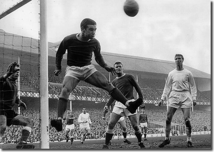 Jack Charlton looks on as Colin Harvey clears the Everton lines with Gordon West and Jimmy Gabriel in close attendance at Goodison - Leeds lost the game on 4 February 2-0