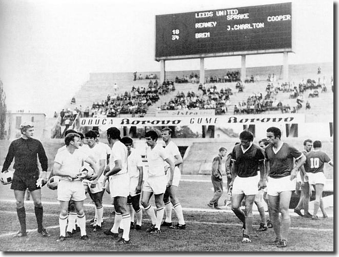 Leeds are led on to the field by Bremner for the away leg of the 1967 Fairs Cup final in Zagreb