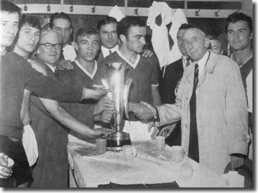 United director Albert Morris congratulates Dinamo Zagreb players after their defeat of Leeds in the 1967 Fairs Cup final