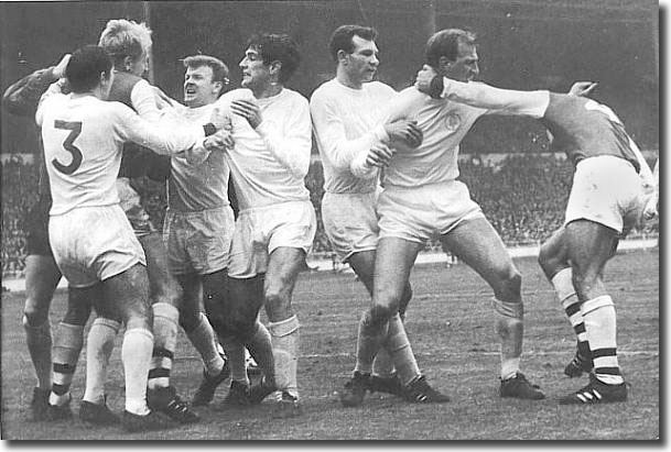 Things turn nasty at Wembley after McLintock's foul on Gary Sprake. Ian Ure is being accosted by Cooper, Bremner and Hunter while Reaney and Charlton tackle McLintock