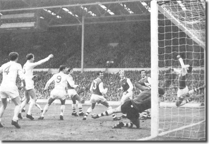 Bremner, Charlton and Madeley watch as Terry Cooper's shot beats the Arsenal defenders to open the scoring in the 1968 League Cup final. The Gunners in the picture are McLintock, McNab, Ure, Graham, Furnell and Storey