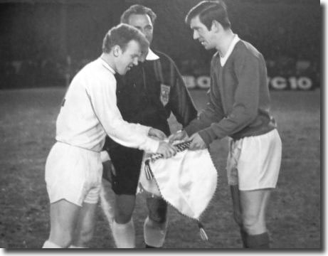 Billy Bremner and John Greig of Rangers exchange pennants before the Fairs Cup tie at Ibrox