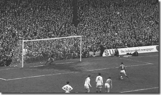 Everton's Johnny Morrissey is about to beat Gary Sprake from the penalty spot to settle the 1968 FA Cup semi final