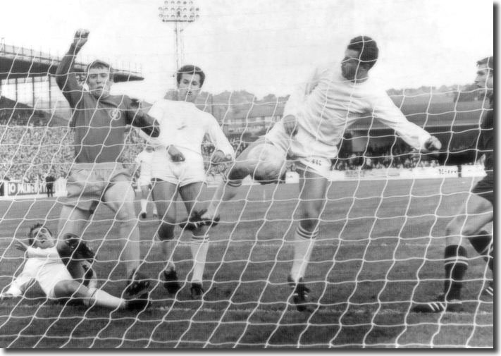 Mick Jones forces home a goal in the first leg of the Fairs Cup final against Ferencvaros