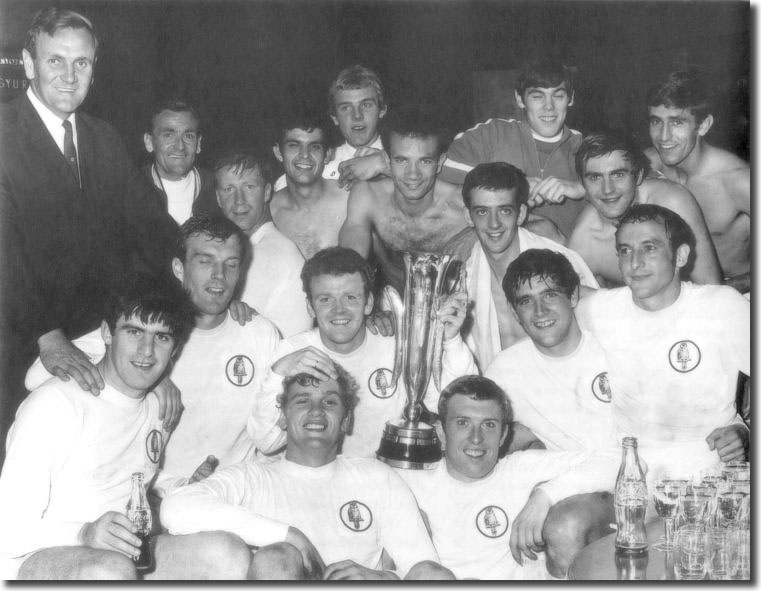 The United party with the trophy - Don Revie, Les Cocker, Jack Charlton, Mick Bates, Terry Yorath, Paul Reaney, Terry Hibbitt, David Harvey, Terry Cooper, Rod Belfitt, Peter Lorimer, Paul Madeley, Gary Sprake, Billy Bremner, Mick Jones, Norman Hunter, Mike O'Grady