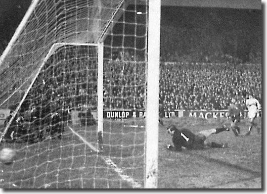 Peter Lorimer scores one of his brace at Elland Road against Hanover on 18 December