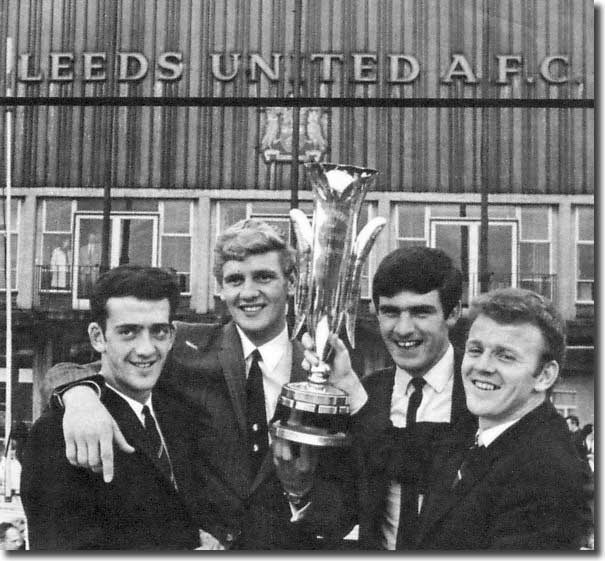Terry Hibbitt, Gary Sprake, Peter Lorimer and Billy Bremner show off the Fairs Cup trophy outside Elland Road