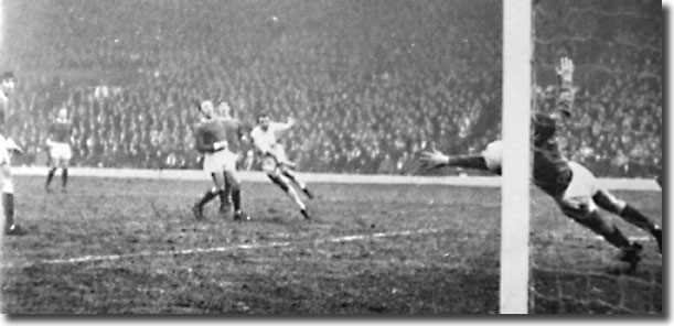 Mike O'Grady nets the winner in the Elland Road game against Manchester United in January despite the attentions of Tony Dunne, Pat Crerand, Nobby Stiles, Steve James and keeper Alex Stepney