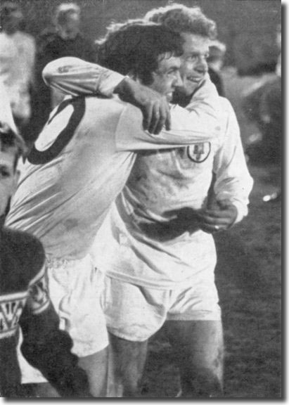 Johnny Giles and Billy Bremner celebrate the draw at Anfield which secured the League title