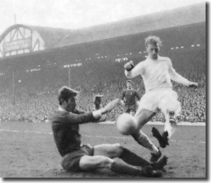 Jack Charlton goes on the attack at Anfield with Liverpool's Geoff Strong trying to stop him