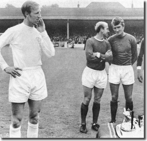 Jack Charlton awaits the presentation of an award to mark his 500th League game - brother Bobby and Manchester United keeper Alex Stepney share a joke - the presentation took place on 6 September, though the game in which Jack set the record was on 26 August at Burnley