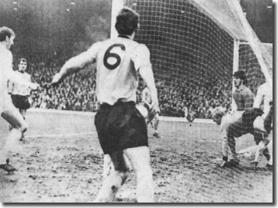 Wolves full-back Derek Parkin heads out from inside the net but Jack Charlton smashed home the rebound during this clash at Elland Road on 6 December