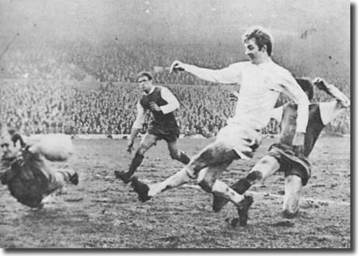 Allan Clarke hammers a shot past Wednesday keeper Peter Springett to put United ahead in the game at Elland Road on 13 December