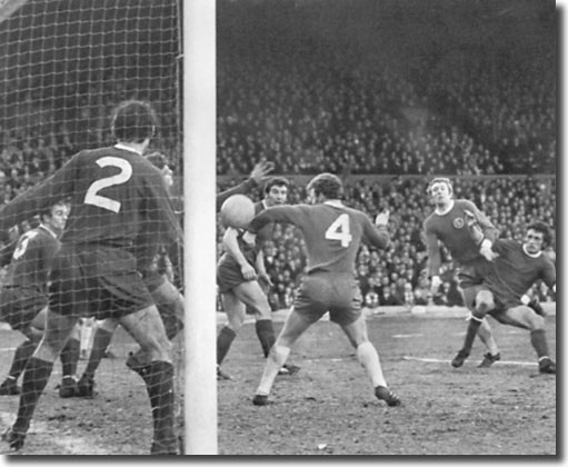 Mick Jones scores a late goal against Swansea in the Cup third round with Billy Bremner in close attendance